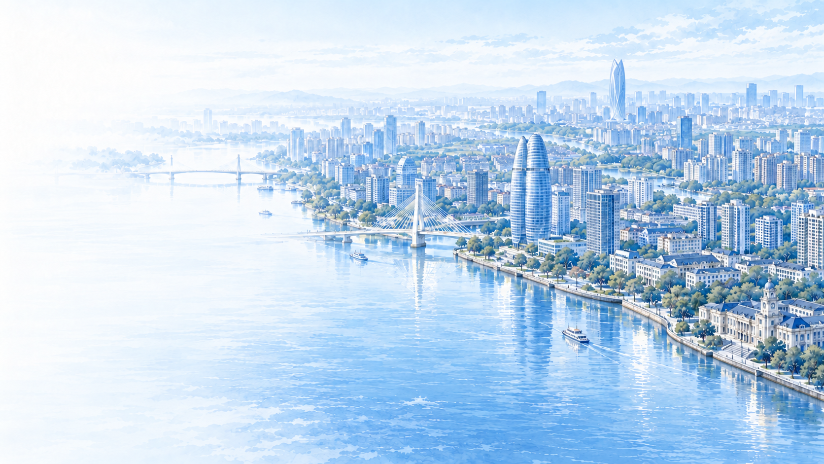 宁波城市意象插画：三江口财富中心临江，宁波中心退至东部新城远景，中间以多层城市街区拉开距离