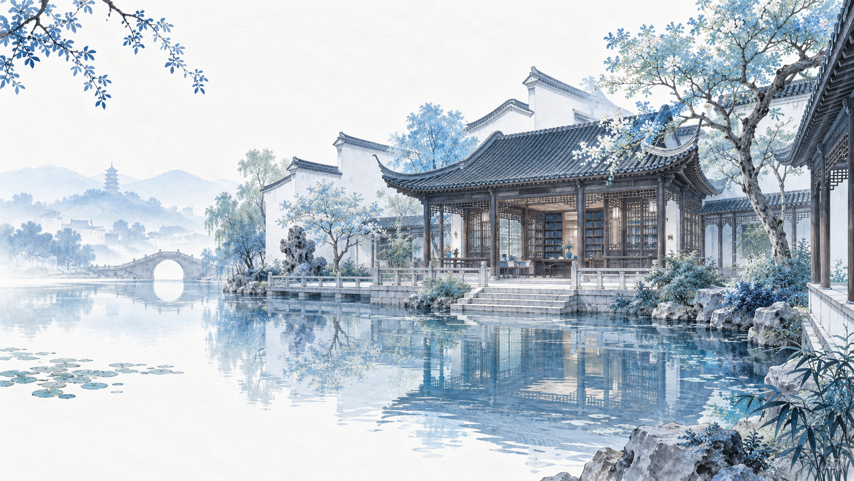 天一阁意象的藏书楼与江南庭院，浅蓝水面映照白墙灰瓦